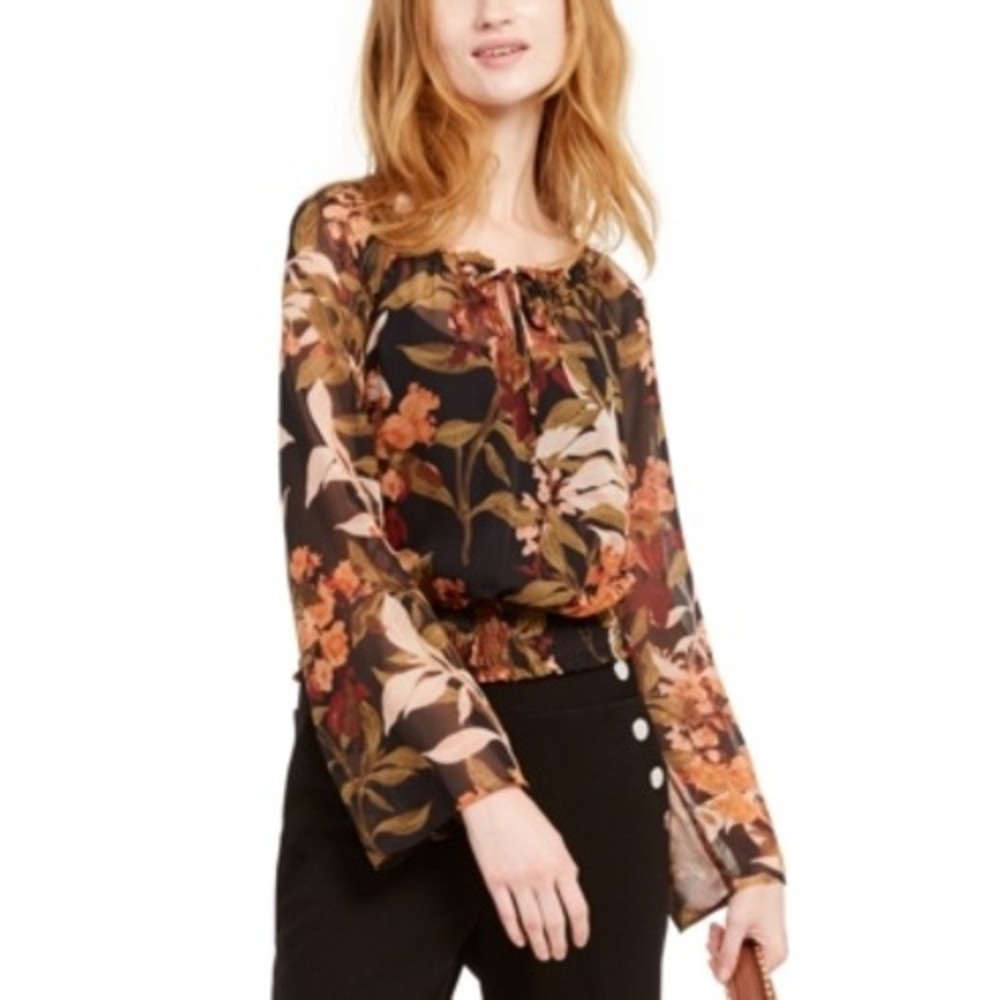 INC International Concepts Women's Black Long Sleeve Blouse Autumn Print Size S
